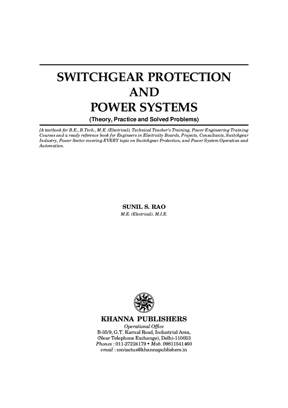 switchgear protection and power systems sunil s rao pdf free